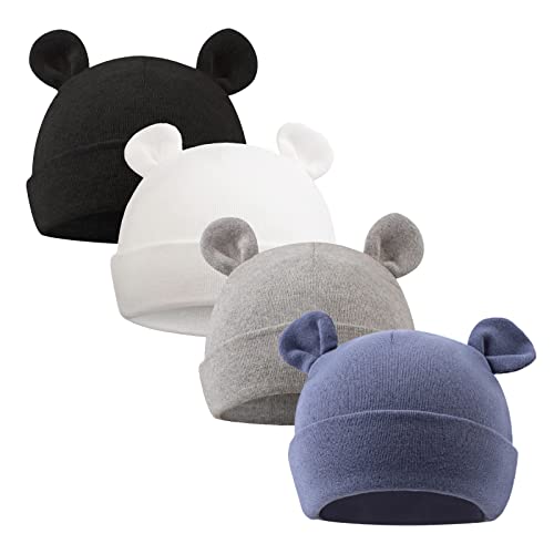 XIAOHAWANG Babymütze Neugeborene Mädchen Jungen Mütze Baby Beanie Baumwolle für 0-12 Monate Babys Unisex Erstlingsmütze (6-12Monate, Weiß + Schwarz + Grau + Dunst blau) von XIAOHAWANG