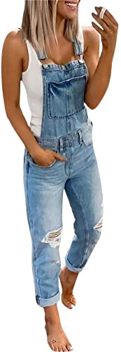 XINGENG Jeanslatzhose Damen Latzhose Jeans Lange Hose Denim Overall Jumpsuit Playsuit Jeans Vintage Loose Fit Hoseanzug Romper (Blau, L) von XINGENG