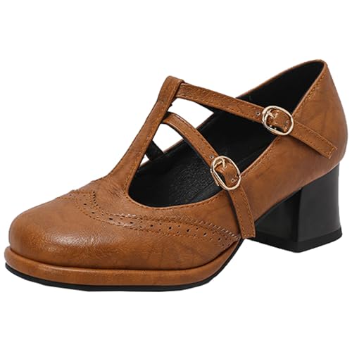 XINXINIO Bequemes Plateaukleid für Damen Schuhe mit Blockabsatz und T-Riemen Mary Jane Pumps (Braun,42) von XINXINIO