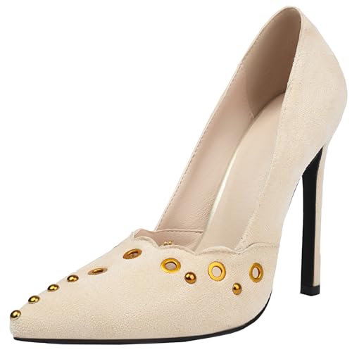 XINXINIO Damen Elegante Abendschuhe Spitze Zehen Stiletto Heel Pumps (Beige,38) von XINXINIO