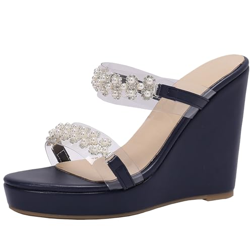 XINXINIO Damen Keilabsatz Sommer Hausschuhe Offene Zehen Slides Sandalen mit Plateau und Strass (Blau,34) von XINXINIO