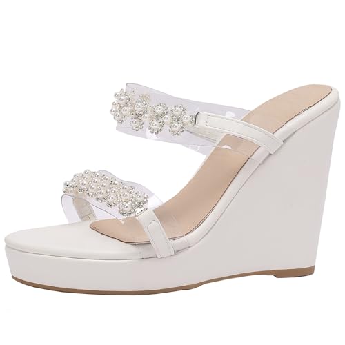 XINXINIO Damen Keilabsatz Sommer Hausschuhe Offene Zehen Slides Sandalen mit Plateau und Strass (Weiß,34) von XINXINIO