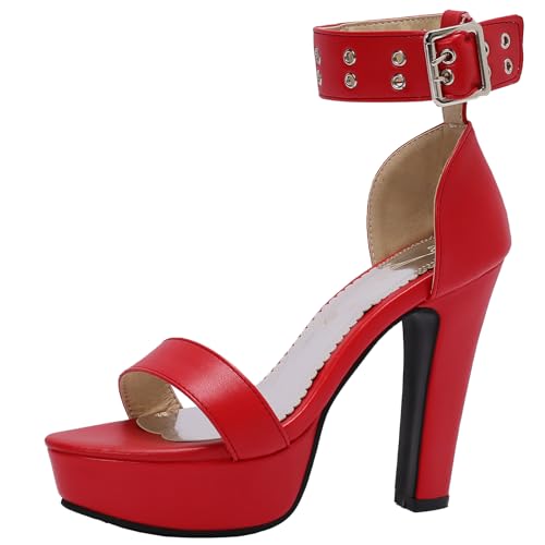 XINXINIO Damen Knöchelschnalle Heels Klobigen Fersen Sandalen mit Offener Spitze (Rot,47) von XINXINIO