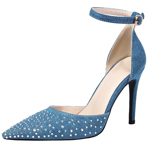 XINXINIO Damen Knöchelschnalle Spitze Zehenabsätze Stilettoabsatz Strass Pumps für Party (Blau,36) von XINXINIO