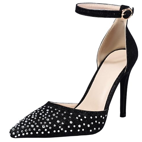 XINXINIO Damen Knöchelschnalle Spitze Zehenabsätze Stilettoabsatz Strass Pumps für Party (Schwarz,44) von XINXINIO