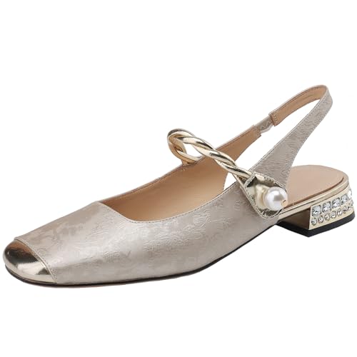 XINXINIO Damen Lässiger Niedriger Absatz Pumps Leder Slingback Anzugschuhe (Champagner,35) von XINXINIO