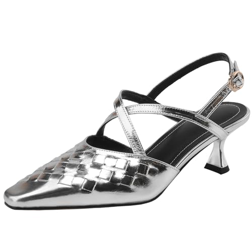 XINXINIO Damen Leder Geschlossene Quadratische Zehensandalen Elegante Gewebte Oberschuhe (Silber,39) von XINXINIO