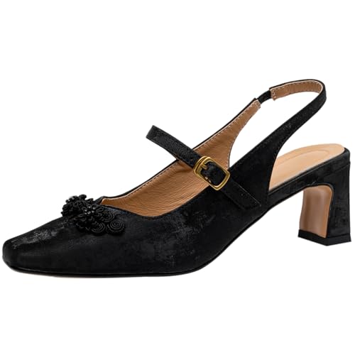 XINXINIO Damen Leder Heels Klobigen Fersen Slingback Pumps Quadratische Zehen Kleid Schuhe (Schwarz,42) von XINXINIO