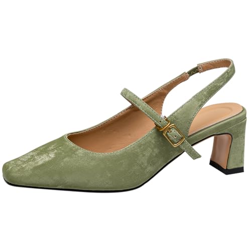 XINXINIO Damen Leder Slingback Pumps Quadratische Zehe und Klobigen Fersen Dress Schuhe mit Einfarbig (Grün,34) von XINXINIO