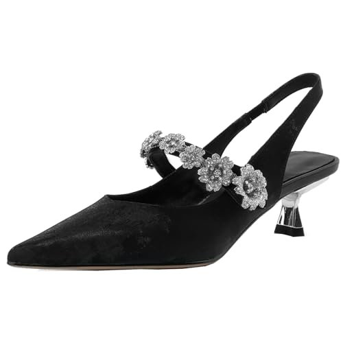 XINXINIO Damen Leder Slip-on Pumps Spitze Zehenpartie Strass Kleid Schuhe (Schwarz,38) von XINXINIO