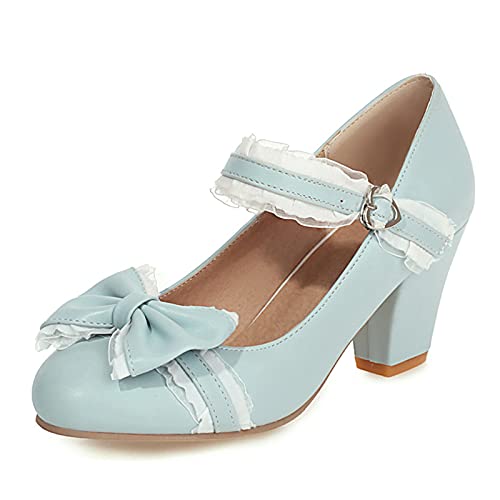 XINXINIO Damen Mary Jane Pumps mit Süßem Blockabsatz (Hellblau, 41) von XINXINIO