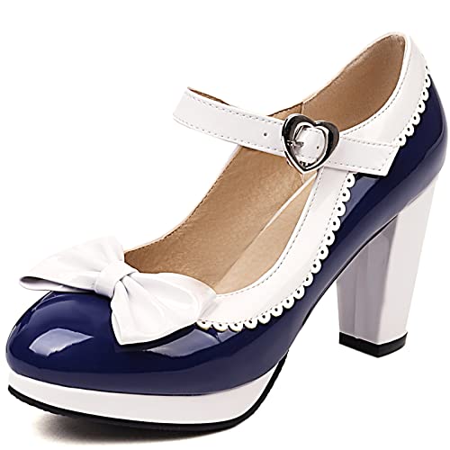 XINXINIO Damen Plateau Mary Janes Pumps mit Blockabsatz (Dunkelblau, 35) von XINXINIO