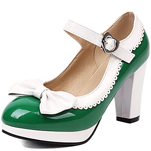 XINXINIO Damen Plateau Mary Janes Pumps mit Blockabsatz (Grün, 32) von XINXINIO