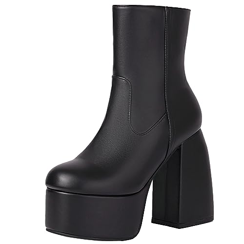 XINXINIO Damen Plateau und Blockabsatz Stiefeletten Reißverschluss Stiefeletten (Schwarz,44) von XINXINIO