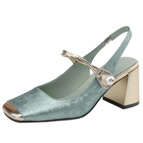 XINXINIO Damen Pumps aus Leder mit Eckiger Zehenpartie und Kleinem Absatz Slingback-Heels zum Hineinschlüpfen (Blau,34) von XINXINIO