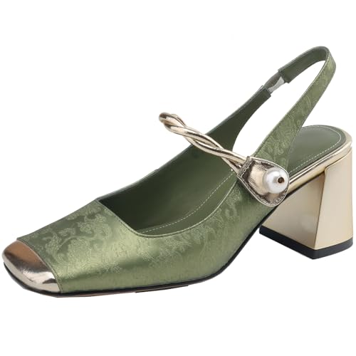 XINXINIO Damen Pumps aus Leder mit Eckiger Zehenpartie und Kleinem Absatz Slingback-Heels zum Hineinschlüpfen (Grün,38) von XINXINIO