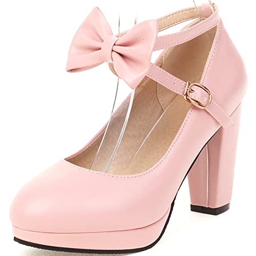 XINXINIO Damen-Pumps mit Kreuzriemen Schleifen und Blockabsatz (Rosa, 36) von XINXINIO