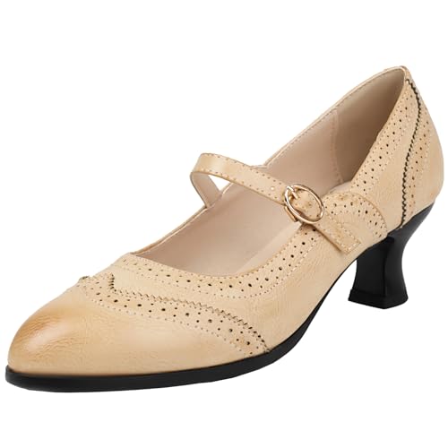 XINXINIO Damen Retro Mary Jane Schuhe Mid Blockabsatz Runde Zehen Pumps mit Schnalle (Beige,41) von XINXINIO