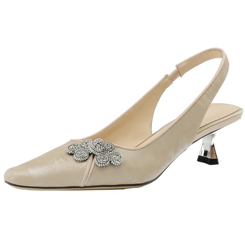 XINXINIO Damen Retro Spitze Zehen Slingback Pumps Leder Kleid Schuhe mit Absatz und Slip-On (Champagner,36) von XINXINIO