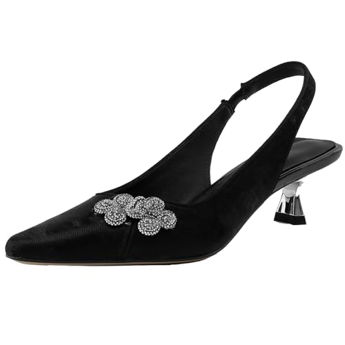 XINXINIO Damen Retro Spitze Zehen Slingback Pumps Leder Kleid Schuhe mit Absatz und Slip-On (Schwarz,33) von XINXINIO