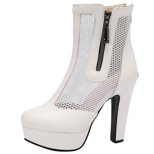 XINXINIO Damen Sandalen mit Absatz Stiefeletten mit Reißverschluss und Geschlossener Zehenpartie (Weiß,34) von XINXINIO