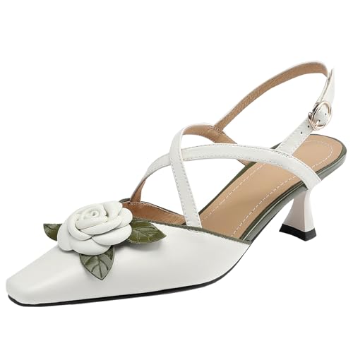 XINXINIO Damen Slingback-Ledersandalen mit Absatz Pumps mit Quadratischer Zehenpartie und Blumendekoration (Weiß,35) von XINXINIO