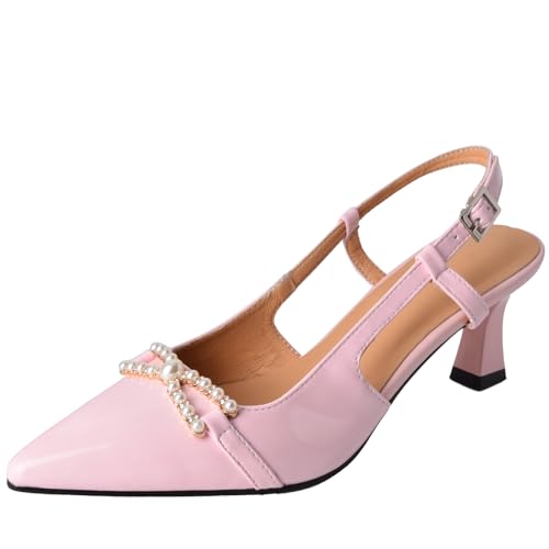 XINXINIO Damen Slingback-Pumps mit Spitzer Zehenpartie Ledersandalen mit Absatz und Schnalle (Rosa,33) von XINXINIO