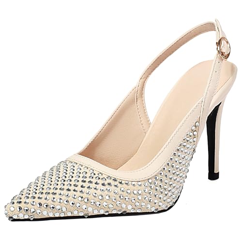 XINXINIO Damen Slingback Spitz Zehen Heels Stiletto Heel Pumps mit Strasssteinen für Party (Beige,43) von XINXINIO