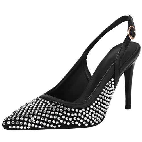 XINXINIO Damen Slingback Spitz Zehen Heels Stiletto Heel Pumps mit Strasssteinen für Party (Schwarz,38) von XINXINIO