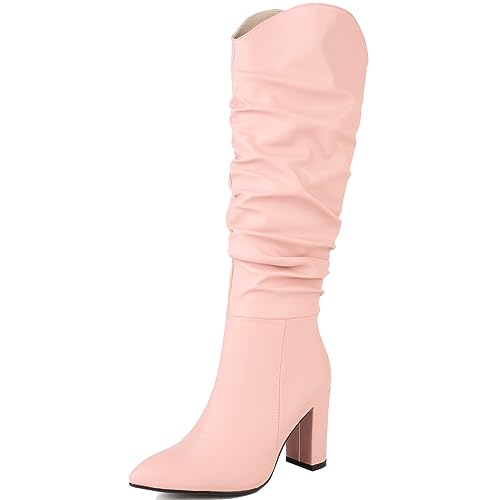 XINXINIO Damen Spitze Zehen Kniehohe Reißverschluss Stiefel Block Absatz Westernstiefel (Rosa,40) von XINXINIO