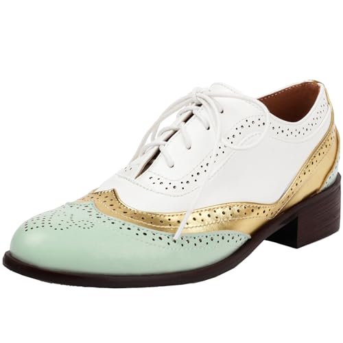 XINXINIO Damen Vintage Brogues mit Mittlerer Ferse und Schnürung (Grün,38) von XINXINIO