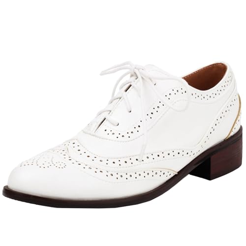 XINXINIO Damen Vintage Brogues mit Mittlerer Ferse und Schnürung (Weiß,36) von XINXINIO