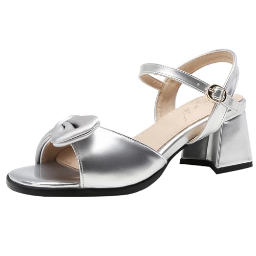 XINXINIO Elegante Damen Knöchelschnalle Sandalen mit Absatz Offene Zehenabsätze mit Schleifen (Silber,36) von XINXINIO