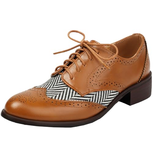 XINXINIO Kontrastierende Brogues Oxfords mit Mittlerem Blockabsatz und Schnürpumps für Damen (Gelb,39) von XINXINIO