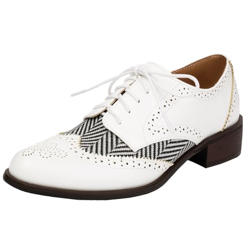 XINXINIO Kontrastierende Brogues Oxfords mit Mittlerem Blockabsatz und Schnürpumps für Damen (Weiß,36) von XINXINIO