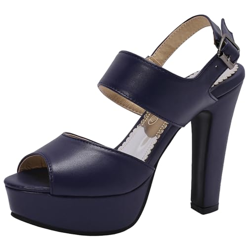 XINXINIO Plateau-Peeptoe-Sandalen für Damen mit Klobigen Fersen und Schnalle (Blau,37) von XINXINIO