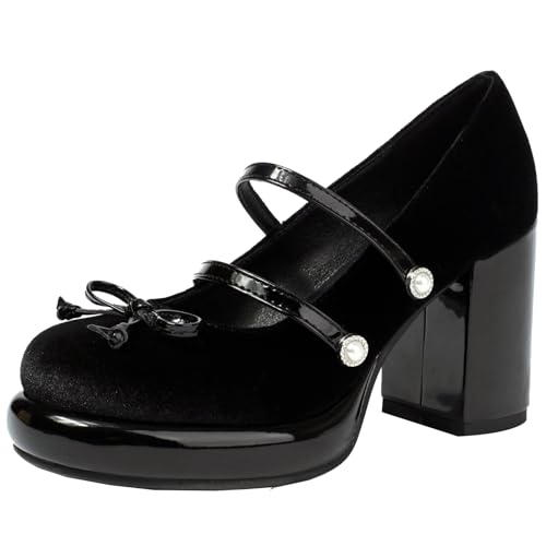 XINXINIO Süße Mary-Jane-Schuhe mit Runder Plateauzehe und Schleifen für Damen (Schwarz,35) von XINXINIO