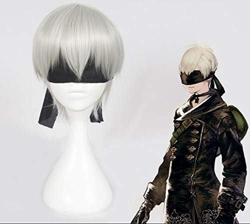 YoRHa No. 9 Model Silver Wig NieR:Automata 9S Cosplay Wig with Black Eye Patch Cosplay Halloween von XINYIYI