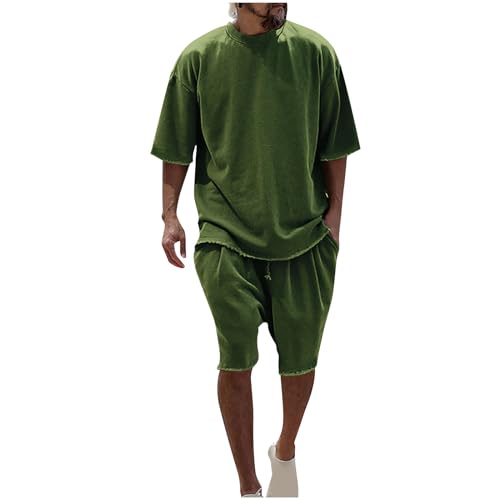 XINYUNZU Angebot Trainingsanzug Herren Jogginganzug 2 Teiler Sommer Casual Outfit Komplett Set Freizeitanzug Einfarbig Sportanzug Tshirt + Kurze Hosen Hausanzug Männer Armeegrün 3XL von XINYUNZU