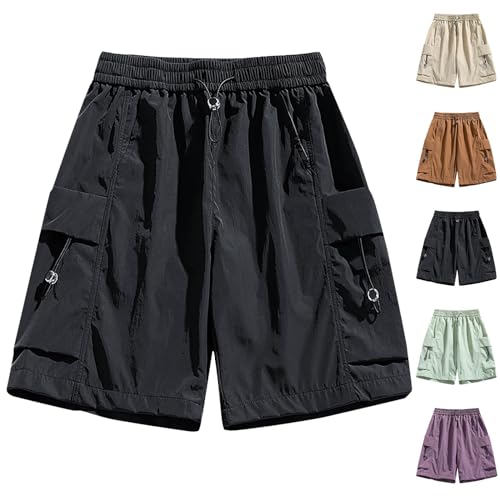 XINYUNZU Angebote Cargohose Herren Kurz Cargo Shorts Sommer Leichte Kurze Hose mit Tunnelzug Elastische Taille Sommerhose Kurz Outdoor Shorts Hosen Baggy Männer Schwarz L von XINYUNZU