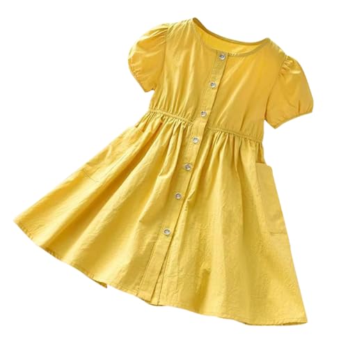 XINYUNZU Blitzangebote Mädchen Kleider Sommer Button Down Kinderkleider Lässige Prinzessin Kleid Festliche Kleider mit Taschen Sommerkleid Kurzarm Casual Kleidung für 2-7 Jahre Gelb 6 Jahre von XINYUNZU