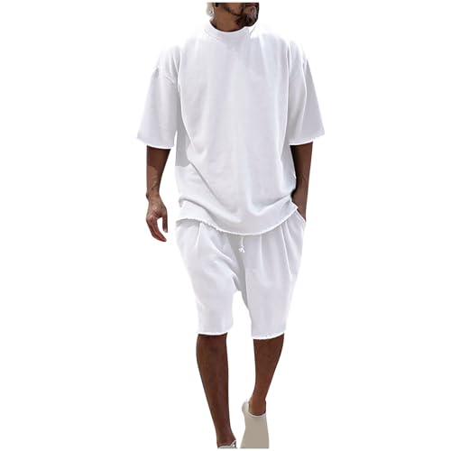 XINYUNZU Deals of The Day Trainingsanzug Herren Jogginganzug 2 Teiler Sommer Casual Outfit Komplett Set Freizeitanzug Einfarbig Sportanzug Tshirt + Kurze Hosen Hausanzug Männer Weiß M von XINYUNZU