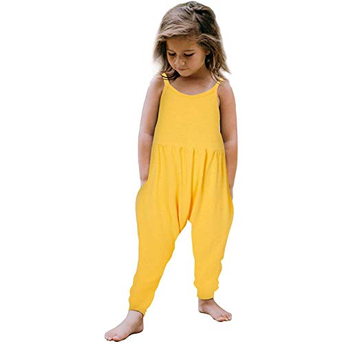 XINYUNZU Mädchen Jumpsuits Ärmellose Overall Sommer Outfits Einfarbig Kinder Jumpsuit, Spaghetti-Träger, Lässige Jumpsuit für Mädchen 1-6 Jahre Amazon Outlet Shop Sale Gelb 130 von XINYUNZU