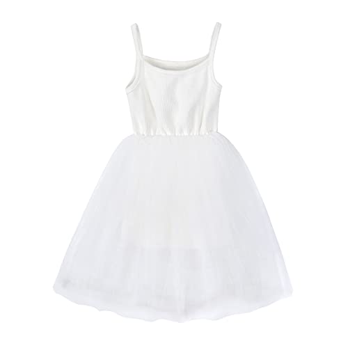 XINYUNZU Mädchen Kleider Prinzessin Kleid Sommerkleid Spaghettiträger Festliche Kleider Einfarbig Kinder Kleidung A Linie Partykleid Tüllkleider für Mädchen 1-8 Jahre Deals Weiß 5-6 Jahre von XINYUNZU