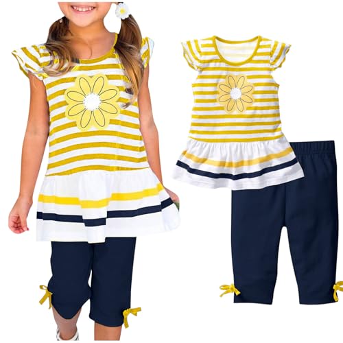 XINYUNZU Mädchen Kleidung Kinderkleidung Sommerkleid Kleider + Hose 7/8 Set Sommer Klamotten Kinder Freizeitanzug Bekleidungssets für Mädchen 1-10 Jahre Kleider Sale Gelb 7 Jahre von XINYUNZU