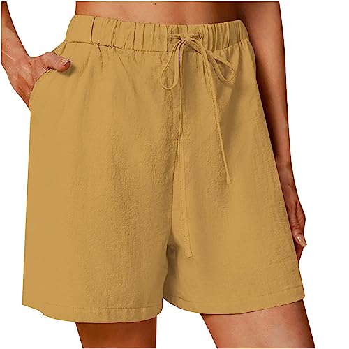 XINYUNZU Retourenware Kurze Hose Damen Shorts Sommer Baumwolle Leinen Bermuda Shorts Casual High Waist Shorts Baggy Leichte Kurze Hosen Lässig Leinenhose Kurz Gelb M von XINYUNZU