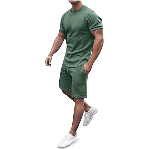 XINYUNZU Trainingsanzug Herren Jogginganzug Kurzarm Sportanzug Freizeitanzug Kurz 2 Teiler Casual Outfit Sommer Shorts und Tshirt Sport Set Zweiteiler Hausanzug Männer Sale Angebote Grün XXL von XINYUNZU