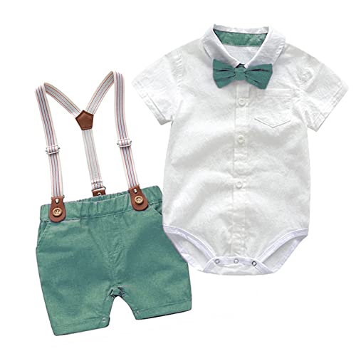 XIXIMAON Baby Jungen Anzug Gentleman 2pcs Kleidung Set Neugeborene Bekleidungssets Sommer Kurzarm Strampler Hemd Body mit Fliege + Hosenträger Shorts für Taufe Hochzeit Festliche (Grün, 3-6 Monate) von XIXIMAON