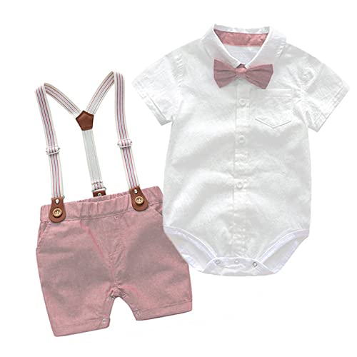 XIXIMAON Baby Jungen Anzug Gentleman 2pcs Kleidung Set Neugeborene Bekleidungssets Sommer Kurzarm Strampler Hemd Body mit Fliege + Hosenträger Shorts für Taufe Hochzeit Festliche (Rosa, 2-3 Jahre) von XIXIMAON