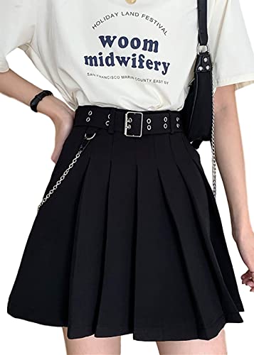 Schwarzer Faltenrock mit Kette, Gothic-/Punk-Stil, hohe Taille, Skaterröcke, Schule, dunkle Uniform, 3-Schwarz mit Blet, Klein von XKBHYD